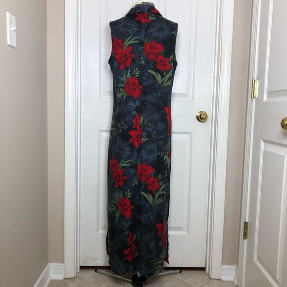 Caribbean Joe Rayon Collar Sleeveless 1/4 Buttoned Hawaiian Floral Maxi Dress M - Picture 8 of 16
